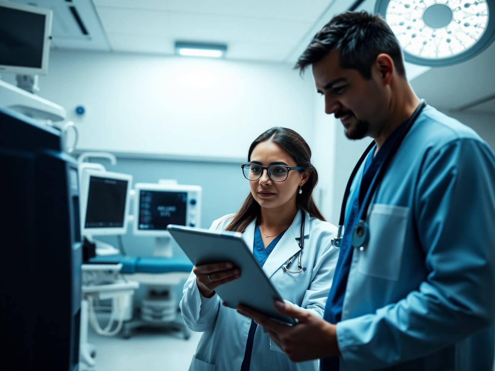 Clinicians reviewing patient data with advanced medical equipment